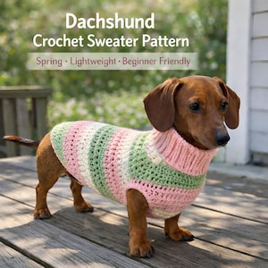 Puede incluir: Un perro salchicha con un suéter de ganchillo a rayas rosas, verdes y blancas. El texto sobre el perro dice "Dachshund Crochet Sweater Pattern" con el texto adicional "Spring • Lightweight • Beginner Friendly".