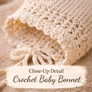 May include: Close-up of a cream crochet baby bonnet. The bonnet has a scalloped edge and a delicate bow at the front. The image includes the text "Close-Up Detail Crochet Baby Bonnet".