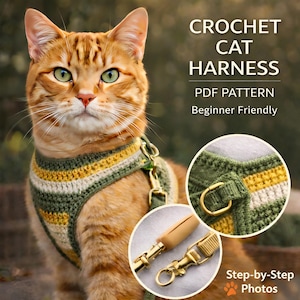 Pode incluir: Um gato ruivo usando uma coleira de gato de crochê verde, amarelo e branco. A imagem inclui close-ups dos detalhes da coleira e do hardware. O texto diz "CROCHET CAT HARNESS PDF PATTERN Beginner Friendly Step-by-Step Photos."