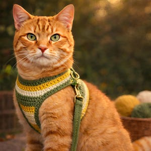 May include: A ginger cat wearing a handmade crochet harness and leash. The harness features stripes of green, yellow, and cream. The cat has green eyes and is sitting outdoors.