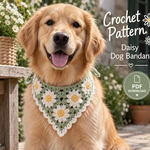 May include: A crochet dog bandana featuring a pattern of white and yellow daisy motifs on a sage green background. The text on the image reads Crochet Pattern Daisy Dog Bandana and PDF DOWNLOAD. The bandana is worn by a golden-colored dog.