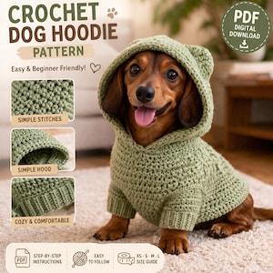 Puede incluir: Un perro salchicha con una sudadera con capucha de ganchillo verde. La sudadera tiene una capucha con orejas de oso y puños acanalados. La imagen incluye el texto "CROCHET DOG HOODIE PATTERN" y "Easy & Beginner Friendly!"