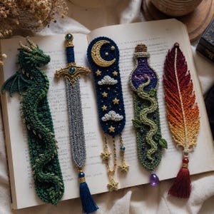 May include: Five handcrafted crochet bookmarks featuring a green dragon, a grey sword with blue accents, a navy blue night sky with a crescent moon and stars, a purple potion bottle with green vines, and a red to yellow gradient feather with a tassel.