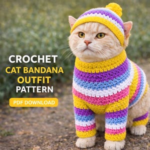 May include: A crochet cat outfit consisting of a striped sweater and a matching beanie with a pom-pom, featuring yellow, purple, blue, and white yarn. The text CROCHET CAT BANDANA OUTFIT PATTERN PDF DOWNLOAD is visible on the left side of the image.