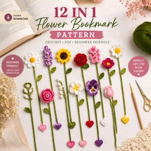 Puede incluir: Una colección de 12 marcapáginas de flores de ganchillo en varios colores y diseños, incluyendo margaritas, rosas y girasoles. Cada marcapáginas presenta un tallo verde y un dije en forma de corazón. La imagen incluye el texto "12 in 1 Flower Bookmark Pattern".