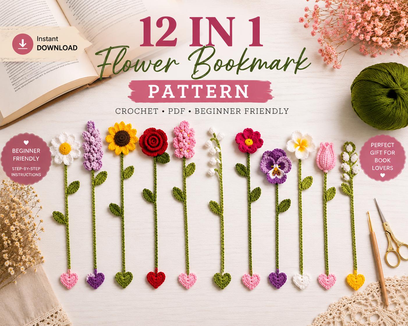 38 Flower Bookmark Crochet Patterns to Add a Handmade Touch to Reading Time 1 12-in-1 Crochet Flower Bookmark Pattern Bundle