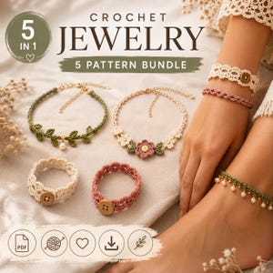 May include: A crochet jewelry 5 pattern bundle featuring five distinct bracelets. Designs include a green leaf bracelet with a pearl, a floral bracelet, two button-fastened cuffs in cream and pink, and a green anklet with dangling pearls.