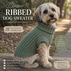Può includere: Un cane di piccola taglia indossa un maglione all'uncinetto a coste color verde salvia con collo alto. L'immagine include il testo: Classic RIBBED DOG SWEATER CROCHET PATTERN, PDF DIGITAL DOWNLOAD, istruzioni passo dopo passo, foto dettagliate, guida alle taglie, taglie XS-L.
