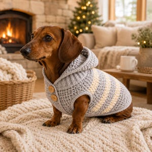 May include: A brown dachshund wearing a light gray crocheted dog sweater with a hood, two light brown wooden buttons on the front, and horizontal cream-colored stripes along the back and sides, featuring a textured knit pattern throughout.