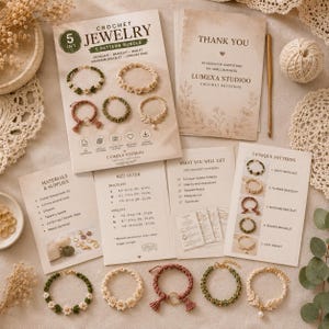 May include: A 5-in-1 crochet jewelry pattern bundle including printed guides for a daisy necklace, flower bracelet, macrame bracelet, beaded bracelet, and leaf anklet. Includes a thank you card, a crochet hook, and five finished jewelry samples.