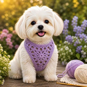May include: A fluffy white dog wearing a lavender crochet harness with a floral design. The dog sits on a wooden surface with yarn balls and a crochet hook nearby, surrounded by flowers.
