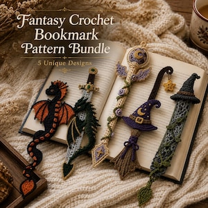 May include: Five crochet bookmarks featuring fantasy designs including a black and orange dragon, a green dragon sword, a staff with a moon, a witch hat with a broom, and a pointed hat with vines. Text reads: Fantasy Crochet Bookmark Pattern Bundle 5 Unique Designs.