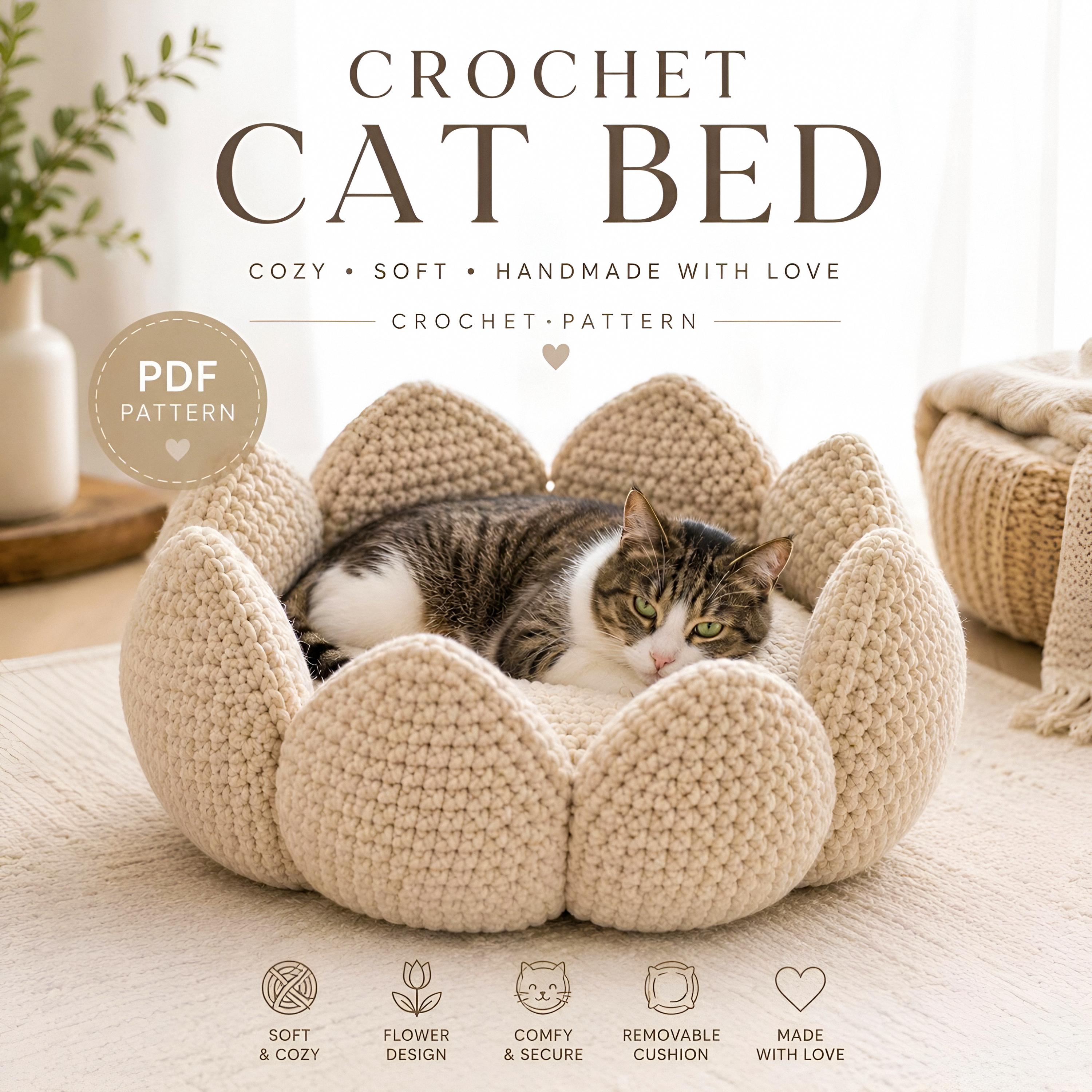 40 Cat Bed Crochet Patterns for Cozy Caves, Pods, and Pet Nests 17 Crochet Cat Bed Pattern Flower Tulip Cozy Nest