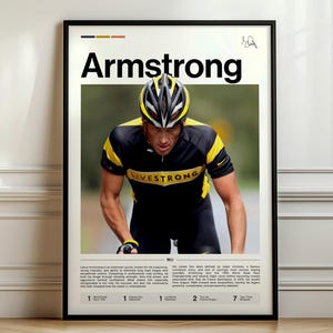 May include: Framed poster featuring a cyclist in a black and yellow jersey and helmet. The poster has the name "Armstrong" in large white letters at the top. The cyclist is the central focus, with the word "LIVESTRONG" visible on the jersey.