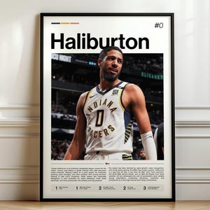 Puede incluir: Póster enmarcado del jugador de baloncesto Haliburton con la camiseta de los Indiana Pacers. El póster tiene un marco negro y muestra el nombre y el número del jugador. El fondo muestra un partido de baloncesto.