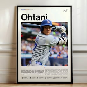 May include: Framed poster featuring baseball player Ohtani in a Dodgers uniform, swinging a bat. The poster has a black frame and includes the player's name, number 17, and biographical text at the bottom. The color scheme is primarily blue, gray, and white.