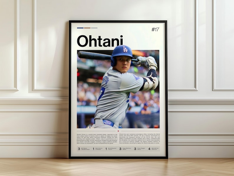 May include: Framed poster featuring baseball player Ohtani in a Dodgers uniform, swinging a bat. The poster has a black frame and includes the player's name, number 17, and biographical text at the bottom. The color scheme is primarily blue, gray, and white.