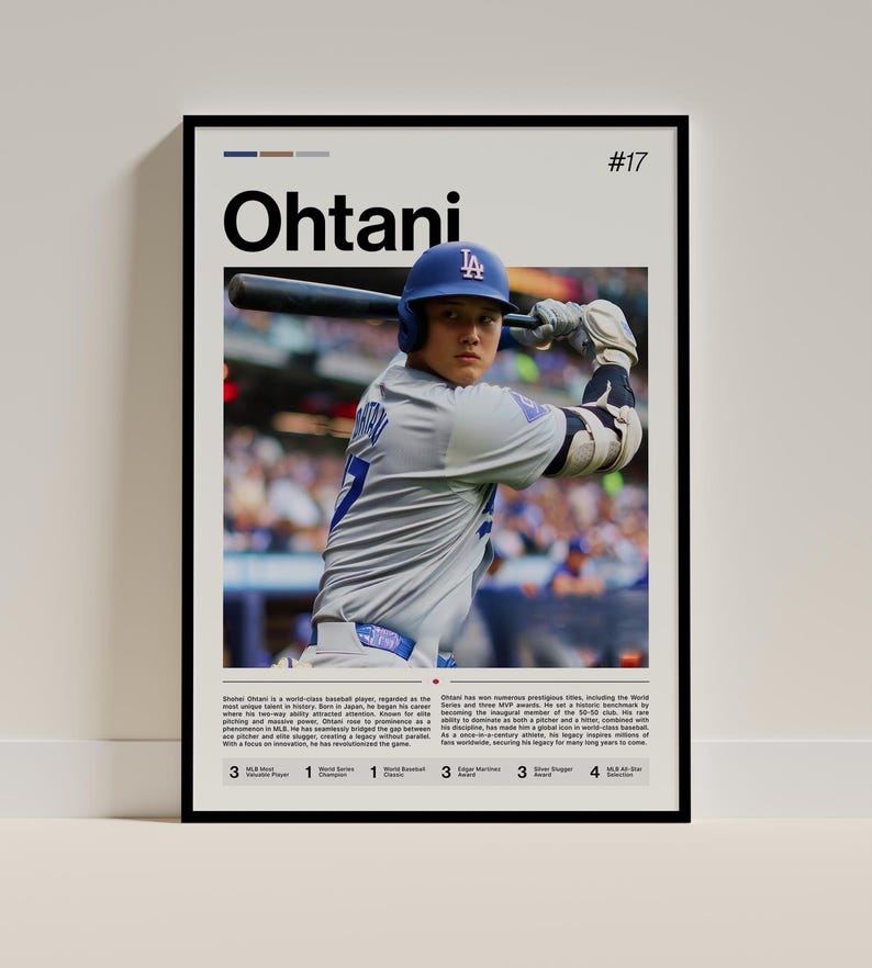 May include: A framed poster featuring Shohei Ohtani in a baseball uniform, holding a bat. The poster has the name "Ohtani" in large black letters, with the number "17" in the upper right corner. The poster includes text about Ohtani's achievements.