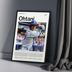 May include: Framed poster featuring Shohei Ohtani in a Los Angeles Dodgers uniform, mid-swing with a baseball bat. The poster has the name "Ohtani" in large black letters, with the number 17 in the top right corner. The poster is displayed against a white wall.