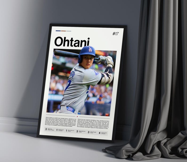 May include: Framed poster featuring Shohei Ohtani in a Los Angeles Dodgers uniform, mid-swing with a baseball bat. The poster has the name "Ohtani" in large black letters, with the number 17 in the top right corner. The poster is displayed against a white wall.