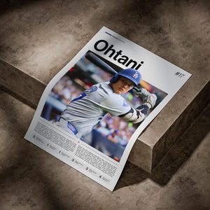 May include: A poster featuring Shohei Ohtani in a Los Angeles Dodgers uniform, swinging a bat. The poster has the name "Ohtani" in large black letters and the number "17". The background is a stadium crowd.