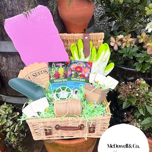 Cesta de presentes para jardinagem – Sementes, luvas, vasos e etiquetas para plantas