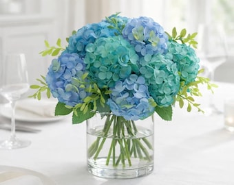 Blue Hydrangea Bouquet, Silk Flower Arrangement, Coastal Wedding Decor