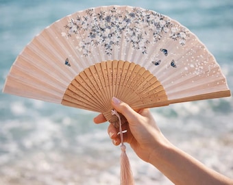Floral Silk Folding Hand Fan, Bamboo Japanese Style Wedding Accessory