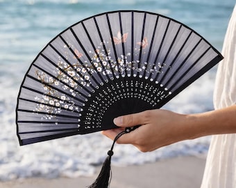 Black Floral Butterfly Folding Hand Fan – Chinese Style Dance Accessory