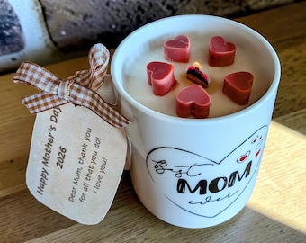 Spersonalizowany prezent dla mamy: świeca i kubek, ręcznie robiona świeca sojowa z knotem drewnianym