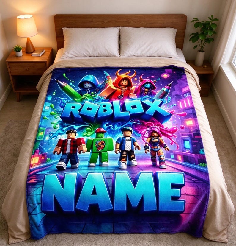 May include: A rectangular fleece blanket featuring a vibrant Roblox graphic with multiple block-style characters, colorful paint splatters, and the text ROBLOX and NAME in large blue letters, displayed spread out over a bed with white pillows.