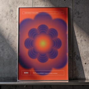 Peut inclure: Affiche encadrée avec un motif floral dégradé orange, violet et jaune. Le texte "BLOOM WHERE YOU'RE PLANTED" est en haut et "BLOOM" en bas, avec une définition, sur fond orange.