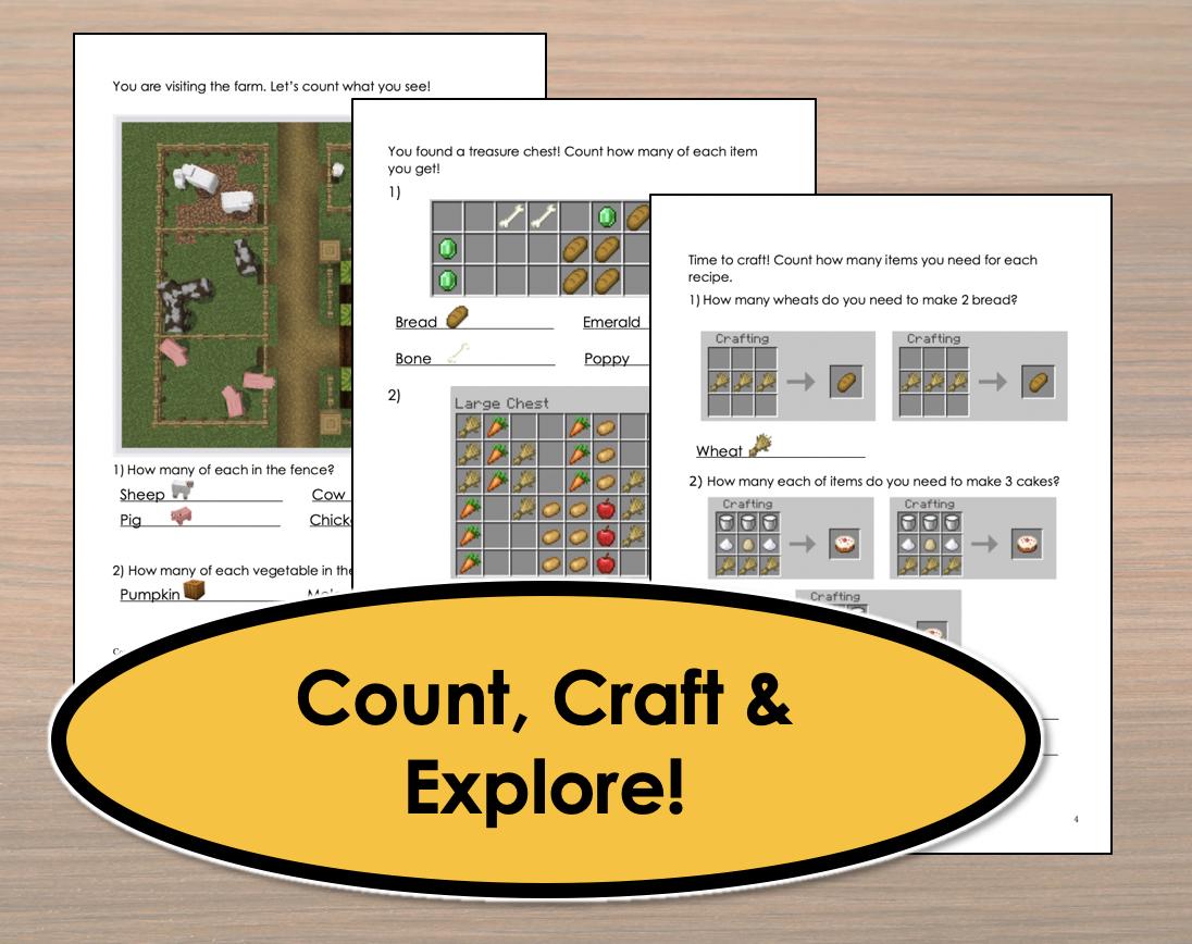 Minecraft Learning Posters Math Unofficial Minecraft Math Activity Worksheets | Counting, Crafting ...