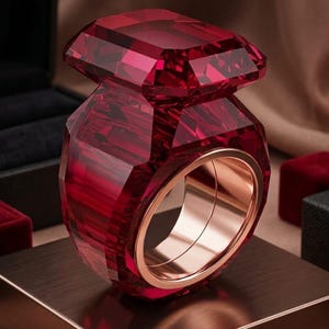 May include: A large, faceted ruby ring with a rose gold band. The ring's gemstone is a deep red color and has a geometric, angular design. The ring is displayed on a metallic surface, with jewelry boxes in the background.