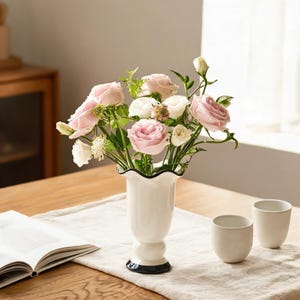 Elegant White Ceramic Vase, Black Trim Scalloped Edge Flower Pot, French Country Decor, Vintage Style Pedestal Vase, Romantic Centerpiece