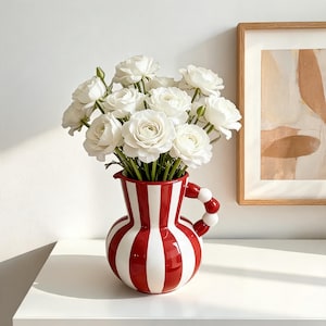 Red and White Striped Vase, Ceramic Pitcher, Bubble Handle Jug, Funky Home Decor, Preppy Room Decor, Eclectic Flower Vase, Dopamine Decor