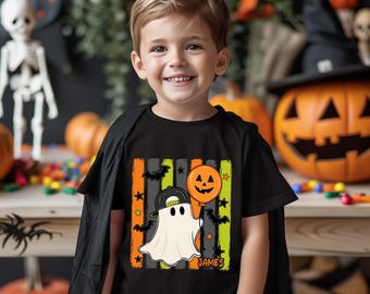 Custom Kids Ghost Halloween Shirt, Spooky Pumpkin Balloon Tee, Striped Bat Graphic Shirt