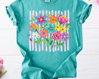 Comfort Colors Striped Boho Floral Shirt, Preppy Wildflower Tee, Summer Vibes T-Shirt