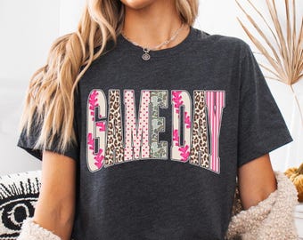 Retro Baseball Game Day Shirt: Leopard Pink Stripes Tee, Distressed Camo Varsity Tshirt