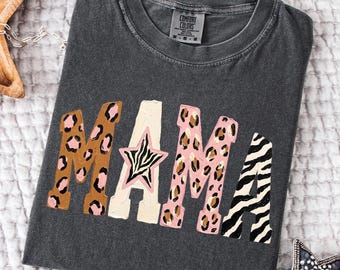 May include: A charcoal gray short-sleeve t-shirt featuring the word MAMA in large block letters. The letters have varied patterns including brown and pink leopard print, a cream-colored star with zebra stripes, and black and white zebra stripes.
