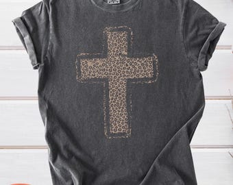 Comfort Colors Cheetah Cross Shirt, Christian Faith Tee, Leopard Religious T-Shirt, Preppy Church Apparel