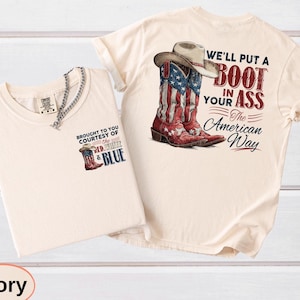 Country anthem layout featuring a pocket-placed musical nod, and a sprawling reverse showcasing a classic rancher crown on patterned stompers with rebellious text.