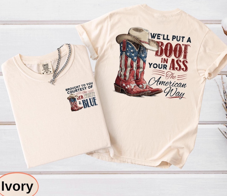 Country anthem layout featuring a pocket-placed musical nod, and a sprawling reverse showcasing a classic rancher crown on patterned stompers with rebellious text.