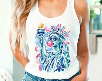 Preppy Statue of Liberty Blowing Bubble Gum Tank Top, Funny 4th of July Apparel
