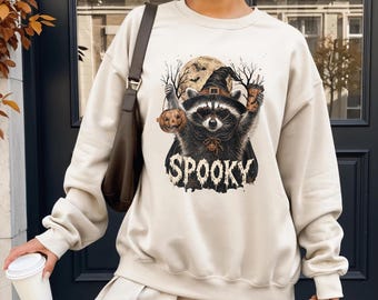 Spooky Raccoon Sweatshirt, Halloween Raccoon Moon Apparel, Pumpkin Season Crewneck