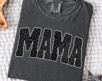 Black Mama Comfort Colors Shirt:  Leopard Checkerboard Trendy Motherhood T-Shirt
