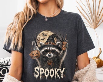Spooky Raccoon T-Shirt, Halloween Raccoon Moon Shirt, Pumpkin Season Tee, Witch Hat Animal Graphic