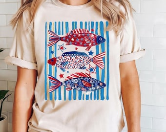Retro Striped Fish Coastal 4th Of July Shirt, Trendy USA Tee,  Preppy Patriotic T-Shirt