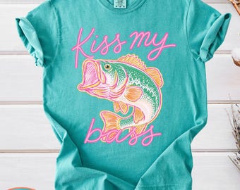 Comfort Colors Kiss My Bass, Funny Fishing Shirt, Preppy Coastal Tee, Colorful Summer Tee