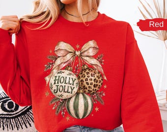 Holly Jolly Christmas Sweatshirt, Leopard Ornament Sweater, Neutral Christmas Bow Crewneck, Preppy Xmas Apparel
